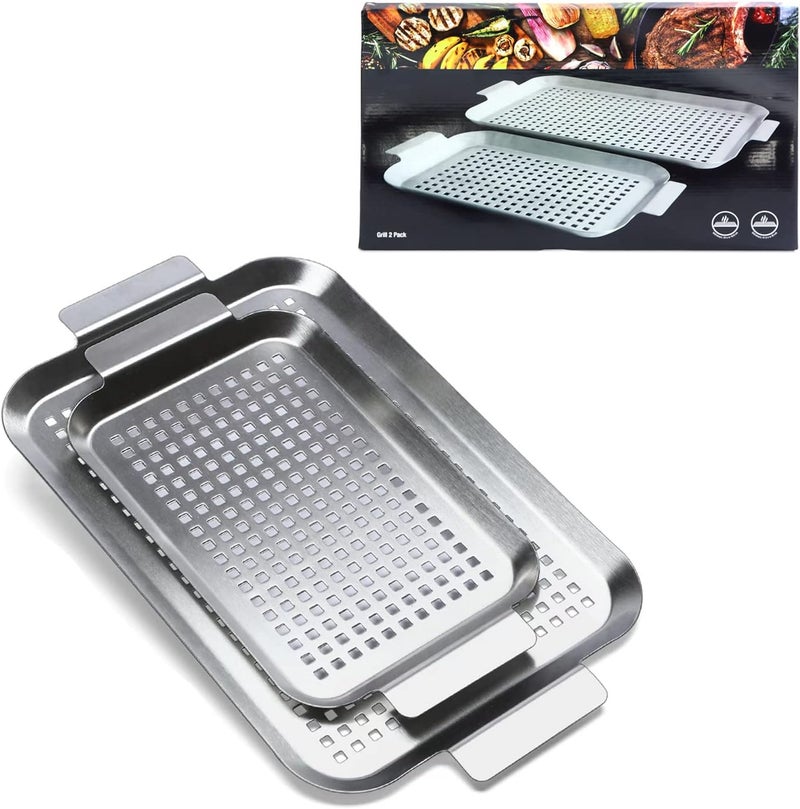CookTime Grill Pan Set of 2, BBQ Grill Topper for Outdoor Grill, Stainless Steel Grilling Baskets with Holes and Handles, Perforated Food Tray Barbecue Accessories for Vegetable, Fish, Large - Image 1